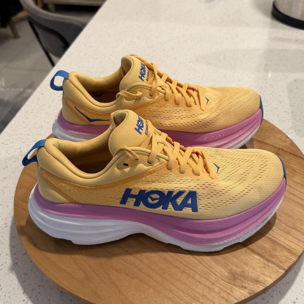 Hoka One One Shoes Womens 7.5 Bondi 8 Running Sneakers Yellow Pink Comfort Gym